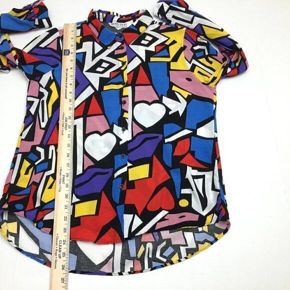 Women's Retro Pop Art Print Shirt Button Front Long Sleeves Colorful Abstract M - Picture 5 of 10